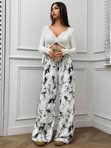 EZwear Fashionable Tie-Dye Print Elastic Waist Wide Leg Casual Pants, Autumn & Winter