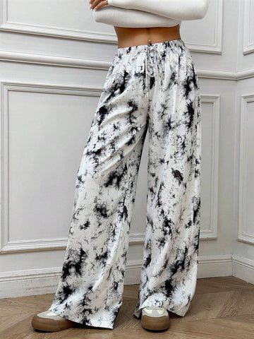 EZwear Fashionable Tie-Dye Print Elastic Waist Wide Leg Casual Pants, Autumn & Winter