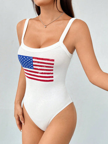 Flag Print Tight Bodysuit With Spaghetti Straps