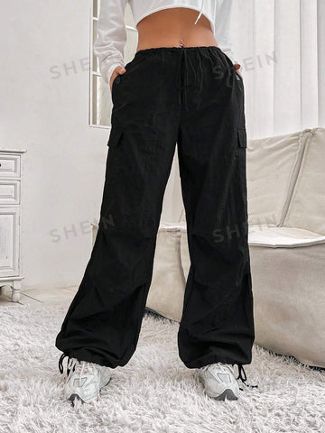 EZwear Flap Pocket Side Drawstring Hem Cargo Pants