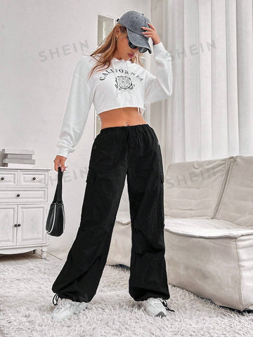 EZwear Flap Pocket Side Drawstring Hem Cargo Pants