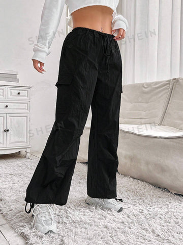 EZwear Flap Pocket Side Drawstring Hem Cargo Pants