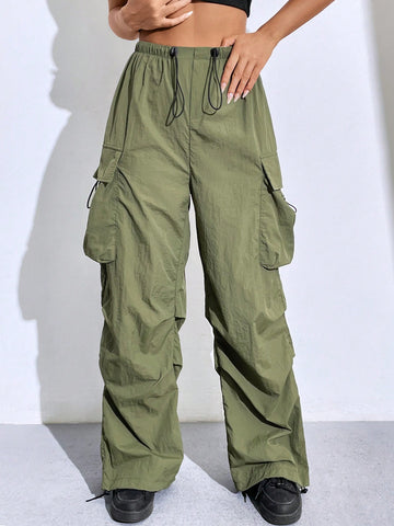 EZwear Flap Pocket Side Drawstring Waist Pants