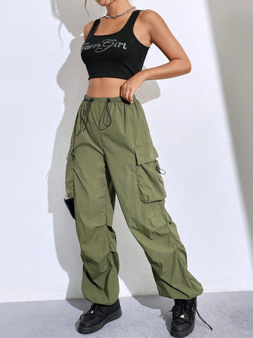 EZwear Flap Pocket Side Drawstring Waist Pants