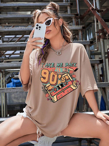 Floral And Letter Graphic Drop Shoulder Tee Graphic Tees Women Tops