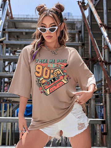 Floral And Letter Graphic Drop Shoulder Tee Graphic Tees Women Tops