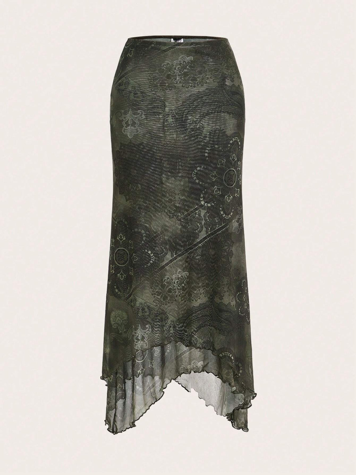 EZwear Floral Print Lettuce Trim Mermaid Hem Skirt