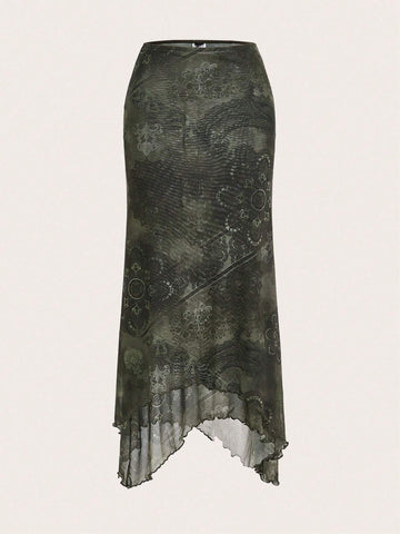 EZwear Floral Print Lettuce Trim Mermaid Hem Skirt