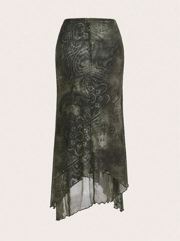 EZwear Floral Print Lettuce Trim Mermaid Hem Skirt