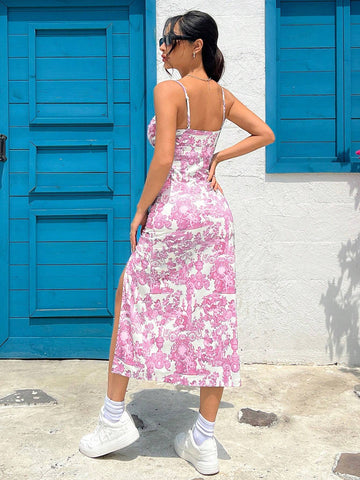Floral Printed Knitted Cami Dress With Side Slit Hem For Women's Beach Holidays