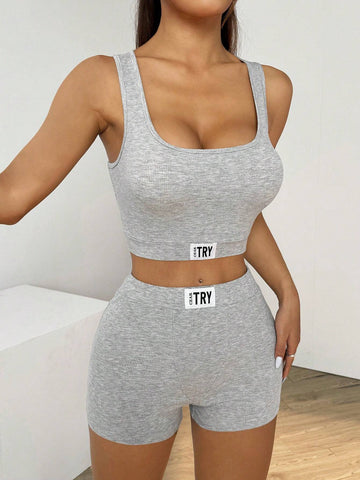Flower Gray Sports Vest And Legging Set