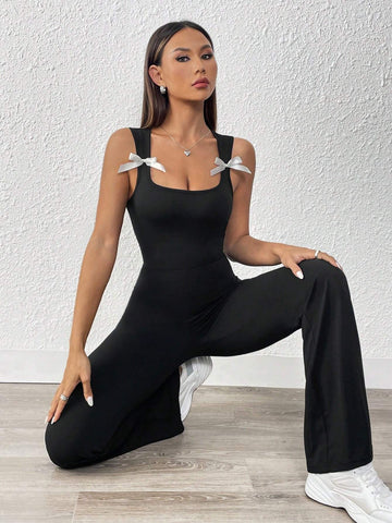 French Vintage Style Women's Jumpsuit With Bowknot, High-Waisted Flared Trousers For Tall Elegant Ladies