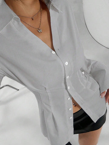 EZwear Gathered Waist Button Front Casual Long Sleeve Solid Color Shirt