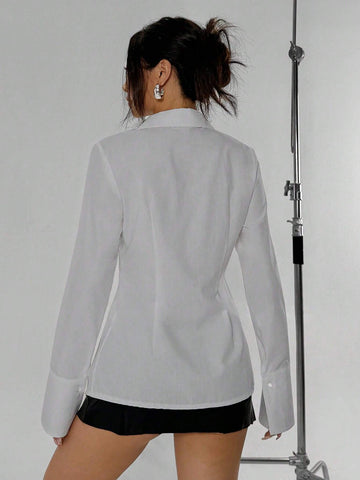 EZwear Gathered Waist Button Front Casual Long Sleeve Solid Color Shirt