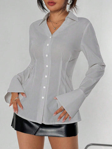 EZwear Gathered Waist Button Front Casual Long Sleeve Solid Color Shirt