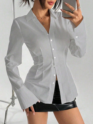 EZwear Gathered Waist Button Front Casual Long Sleeve Solid Color Shirt