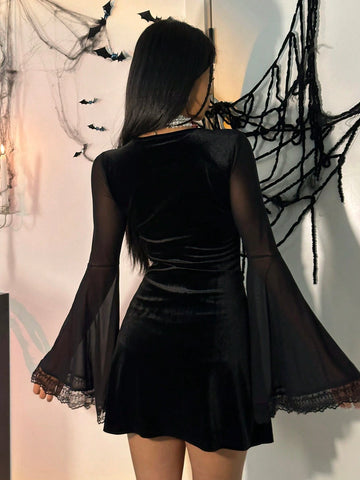 Gothic Black V-Neck Velvet & Net Patchwork Flare Sleeve Ladies Dress