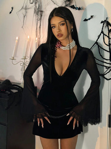 Gothic Black V-Neck Velvet & Net Patchwork Flare Sleeve Ladies Dress