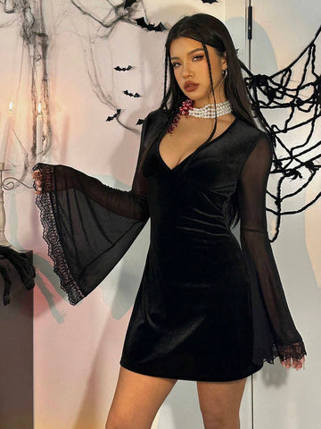 Gothic Black V-Neck Velvet & Net Patchwork Flare Sleeve Ladies Dress