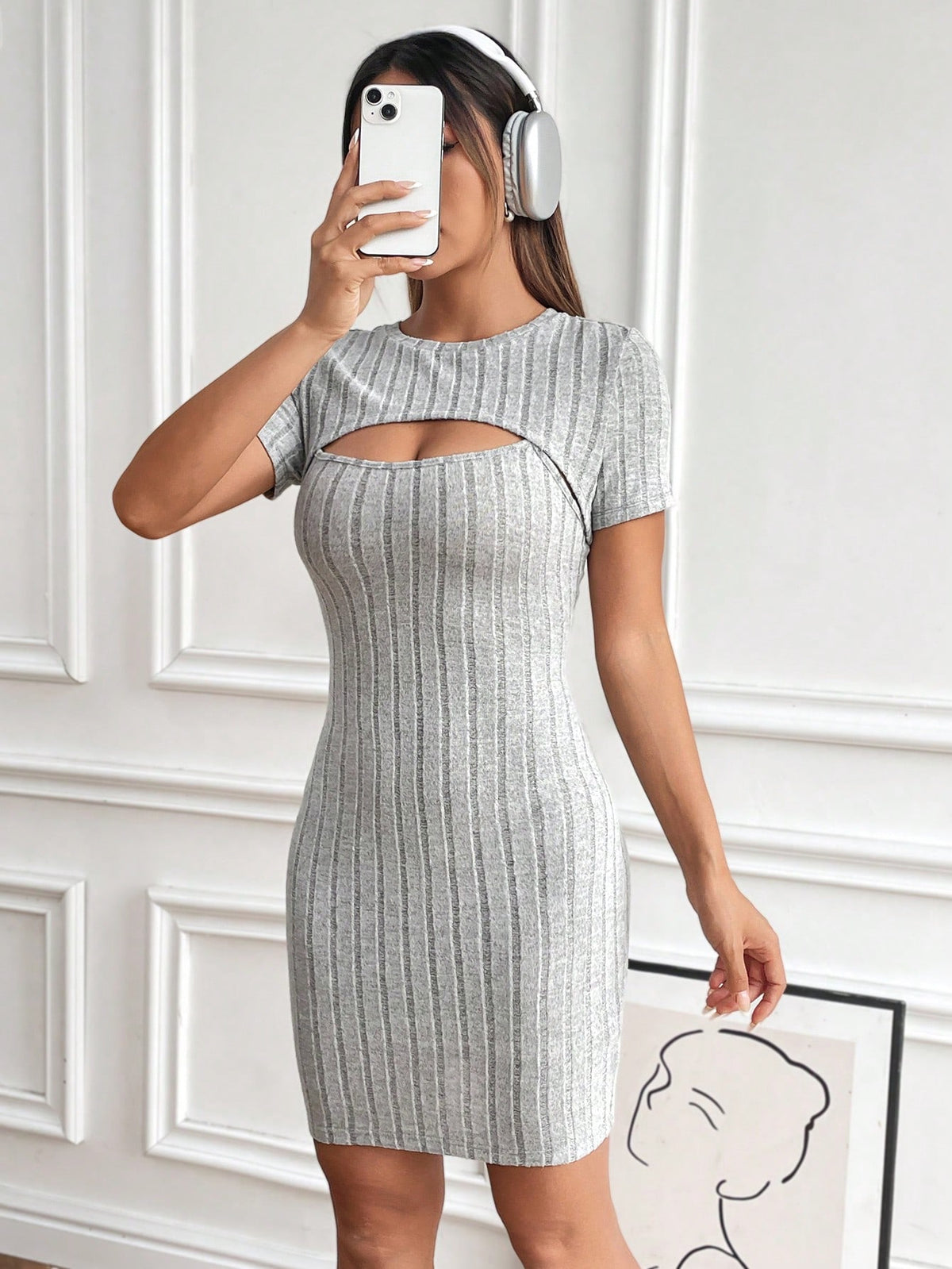 Gray Knitted Slim Fit Women'S High-Low Hem Crop Top And Slip Dress Set