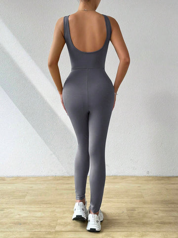Gray Knitted Tight-Fitting Women's Jumpsuit Unitard