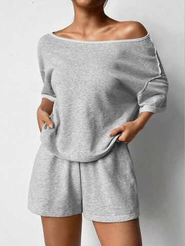 Gray Knitted Women's Casual Off Shoulder Batwing Sleeve Summer Top And Shorts Set