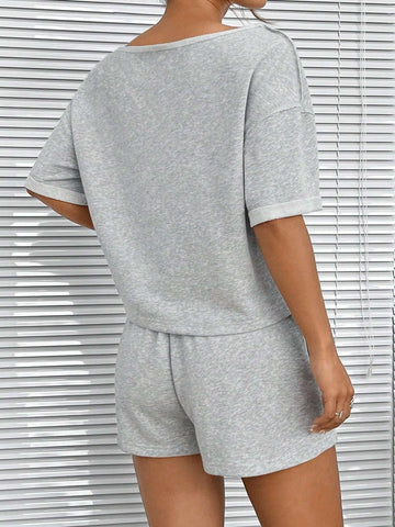 Gray Knitted Women's Casual Off Shoulder Batwing Sleeve Summer Top And Shorts Set