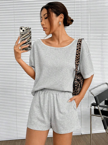 Gray Knitted Women's Casual Off Shoulder Batwing Sleeve Summer Top And Shorts Set