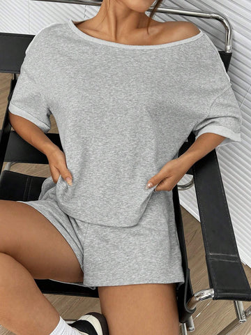 Gray Knitted Women's Casual Off Shoulder Batwing Sleeve Summer Top And Shorts Set