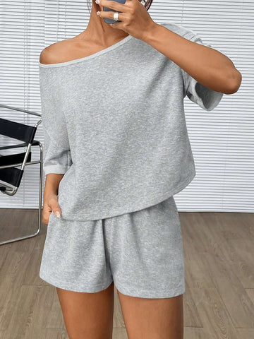Gray Knitted Women's Casual Off Shoulder Batwing Sleeve Summer Top And Shorts Set