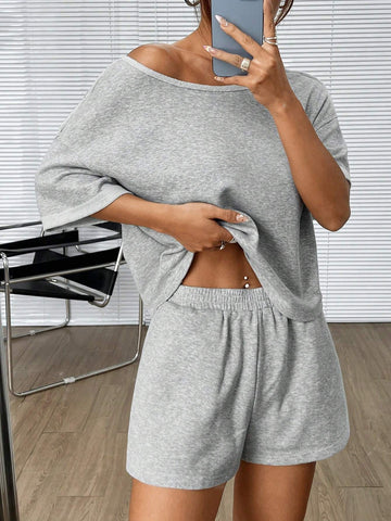 Gray Knitted Women's Casual Off Shoulder Batwing Sleeve Summer Top And Shorts Set