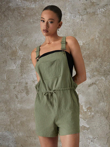 Green Drawstring Waist Romper With Suspender, Workwear Style, For Summer
