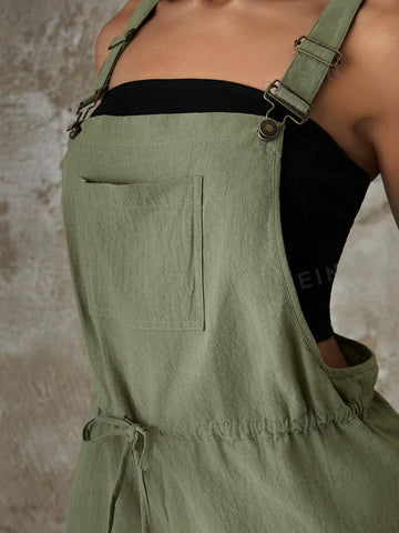 Green Drawstring Waist Romper With Suspender, Workwear Style, For Summer