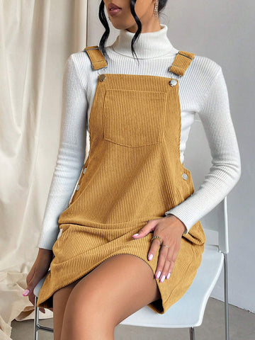 Green DressSolid Pocket Patched Overall Dress Without Sweater
