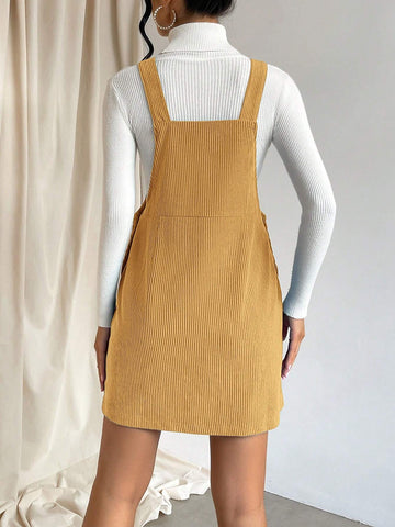 Green DressSolid Pocket Patched Overall Dress Without Sweater