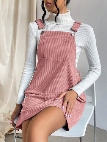 Green DressSolid Pocket Patched Overall Dress Without Sweater