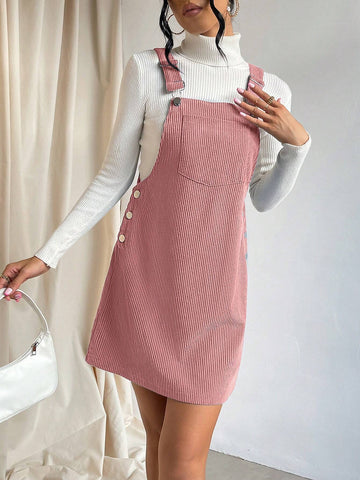 Green DressSolid Pocket Patched Overall Dress Without Sweater