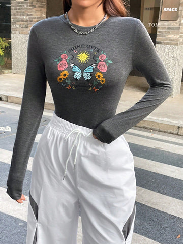 Grey Knitted Printed Bodysuit
