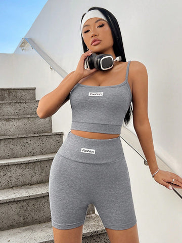 Grey Knitted Women's Alphabet Crop Cami Top & Shorts Set