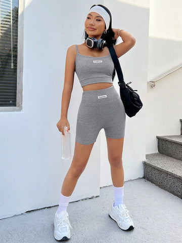 Grey Knitted Women's Alphabet Crop Cami Top & Shorts Set
