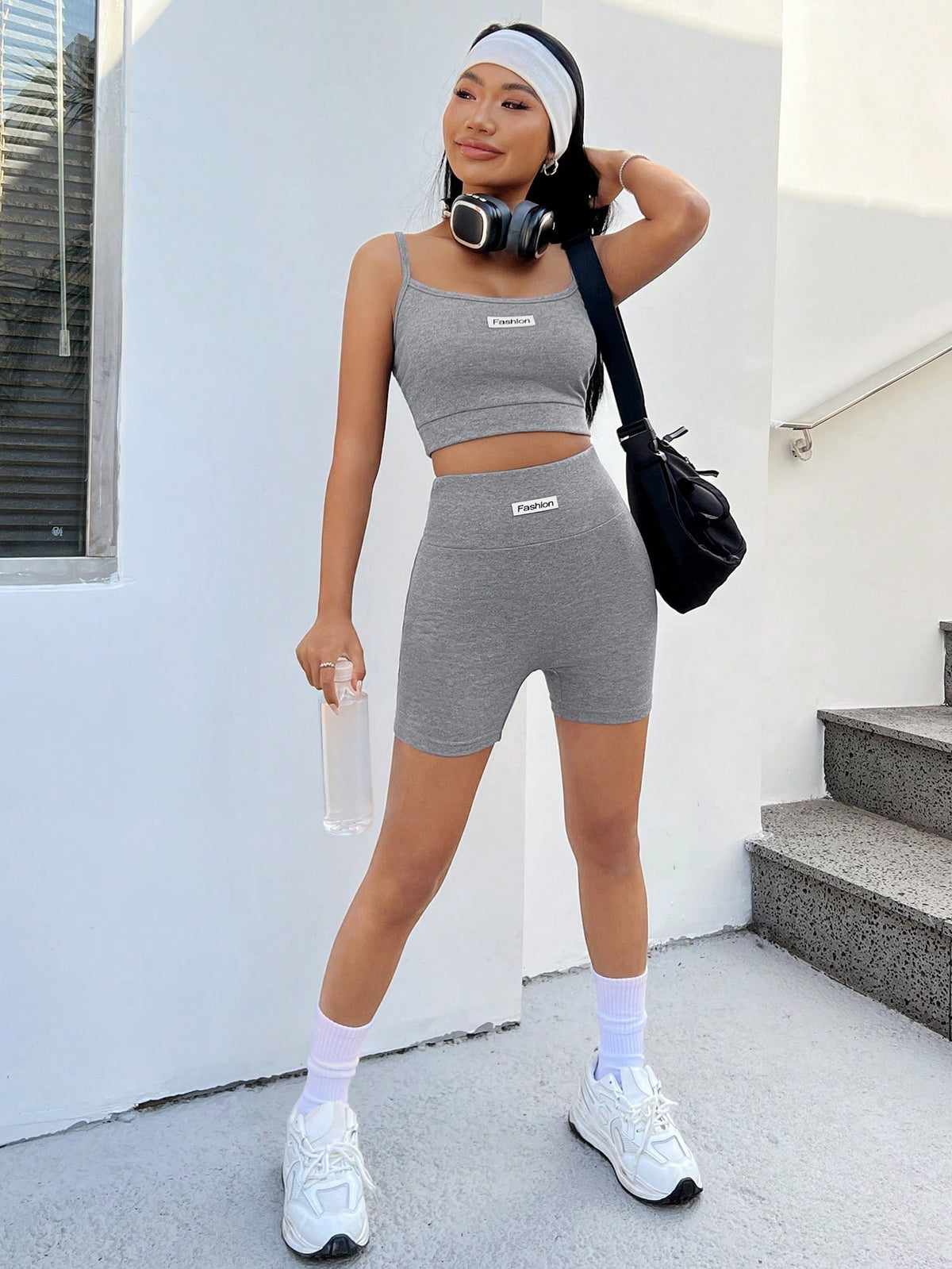 Grey Knitted Women's Alphabet Crop Cami Top & Shorts Set