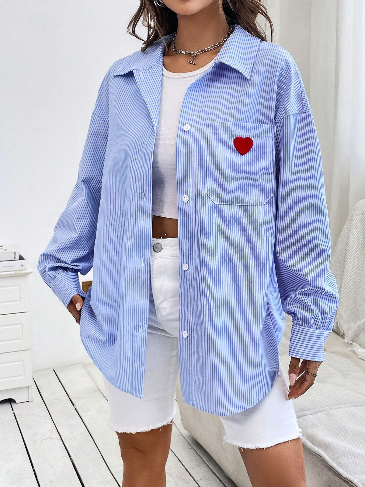 Heart Embroidery Drop Shoulder Striped Shirt