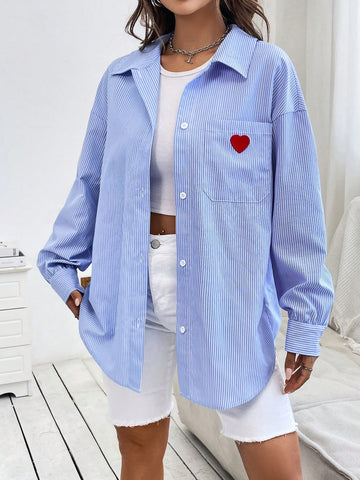Heart Embroidery Drop Shoulder Striped Shirt