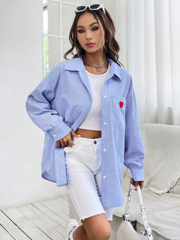 Heart Embroidery Drop Shoulder Striped Shirt