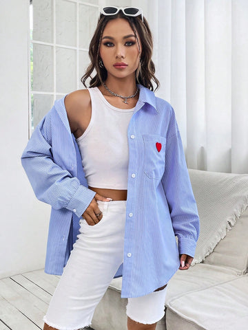 Heart Embroidery Drop Shoulder Striped Shirt