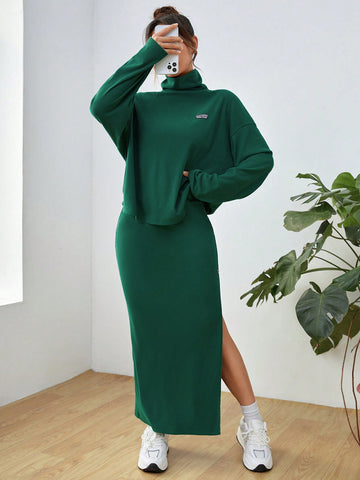 High Neck Drop Shoulder Sleeve T-shirt And High Slit Hem Midi Skirt Set