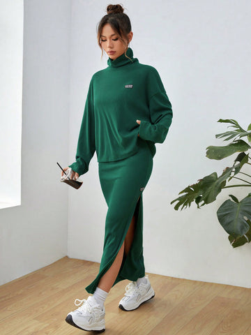 High Neck Drop Shoulder Sleeve T-shirt And High Slit Hem Midi Skirt Set