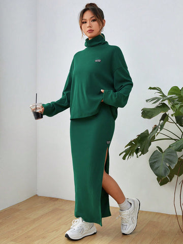 High Neck Drop Shoulder Sleeve T-shirt And High Slit Hem Midi Skirt Set