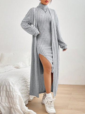 High Neck Split Hem Sleeveless Dress And Open Front Coat 2pcs/Set
