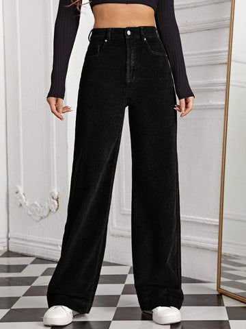 EZwear High Waist Slant Pocket Cord Black Pants